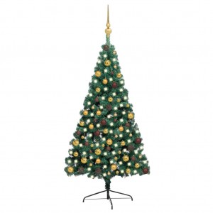 Meia árvore de Natal com luzes e bolas verdes 210 cm D