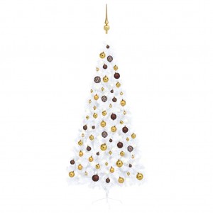 Meia árvore de Natal com luzes e bolas brancas 120 cm D