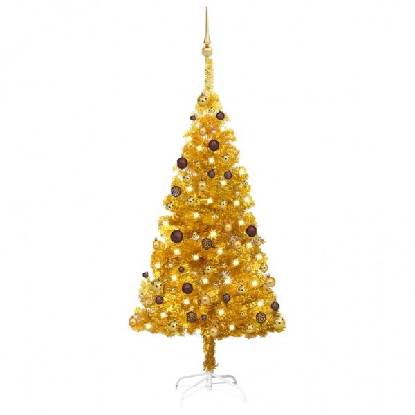 Árbol de Navidad preiluminado con luces y bolas dorado 150 cm D