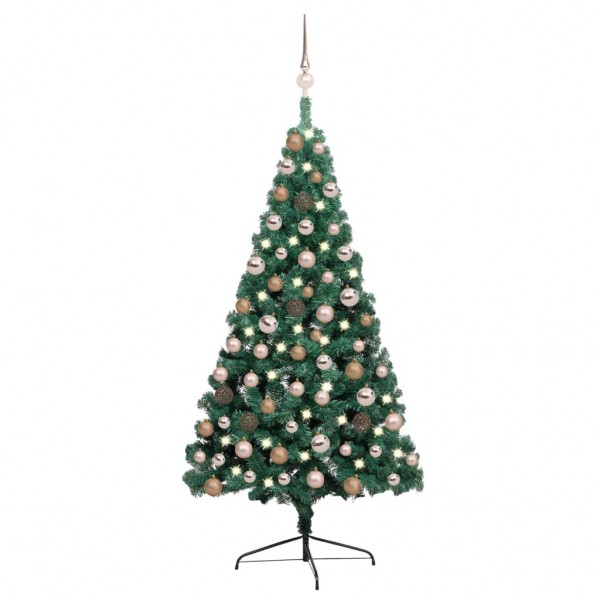 Medio árbol de Navidad con luces y bolas verde 120 cm D
