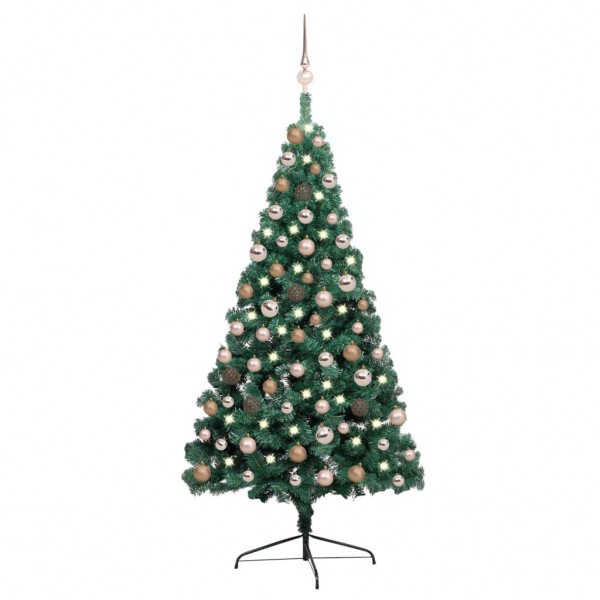 Medio árbol de Navidad artificial con LEDs y bolas verde 150 cm D
