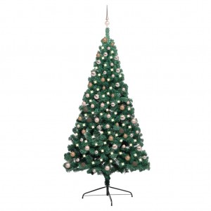 Medio árbol de Navidad con luces y bolas verde 210 cm D