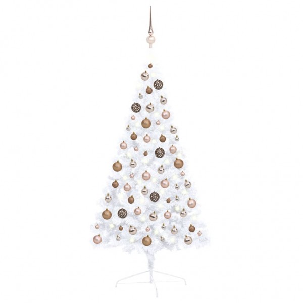 Medio árbol de Navidad con luces y bolas blanco 120 cm D