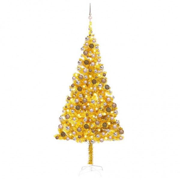 Árbol de Navidad preiluminado con luces y bolas dorado 210 cm D