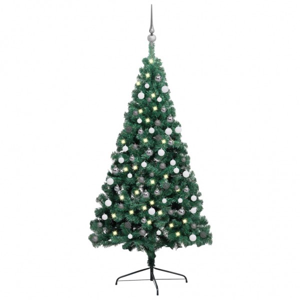 Medio árbol de Navidad con luces y bolas verde 180 cm D