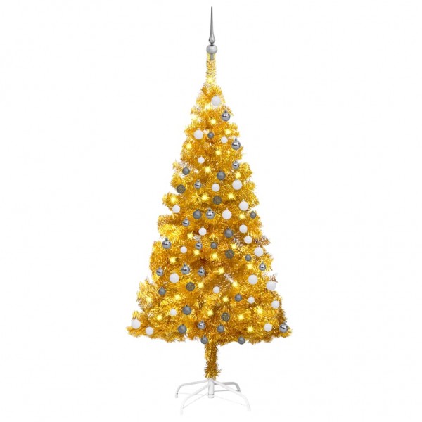 Árbol de Navidad preiluminado con luces y bolas dorado 150 cm D