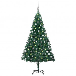 Árbol de Navidad preiluminado con luces y bolas verde 150 cm D