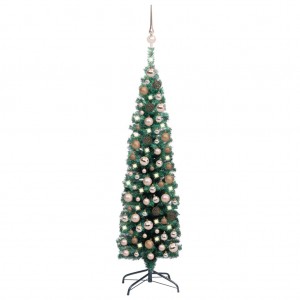 Árbol Navidad artificial estrecho con LED y bolas verde 150 cm