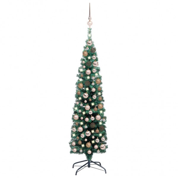 Árbol Navidad artificial estrecho con LED y bolas verde 150 cm D