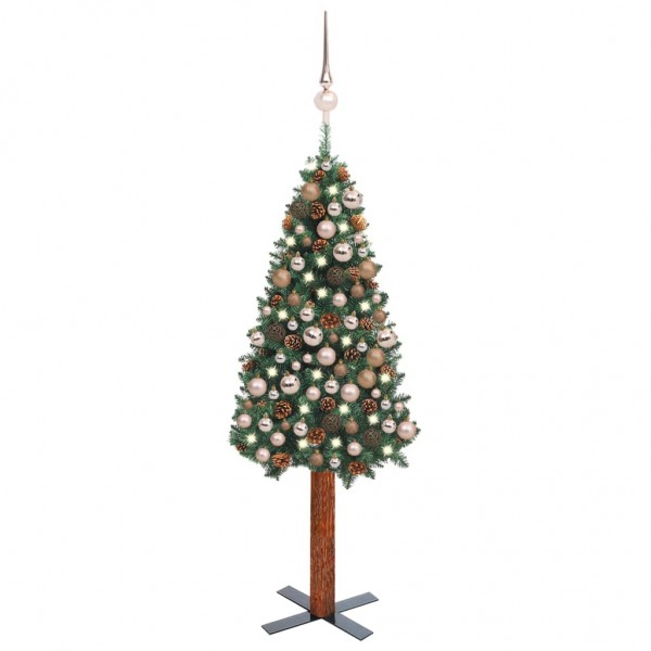 Árbol de Navidad artificial estrecho LED y bolas PVC verde 180 cm D