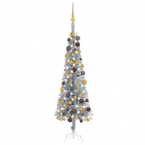 Árbol de Navidad estrecho con LEDs y bolas plateado 120 cm
