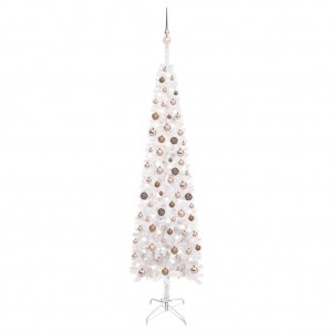 Árbol de Navidad estrecho con LED y bolas blanco 240 cm