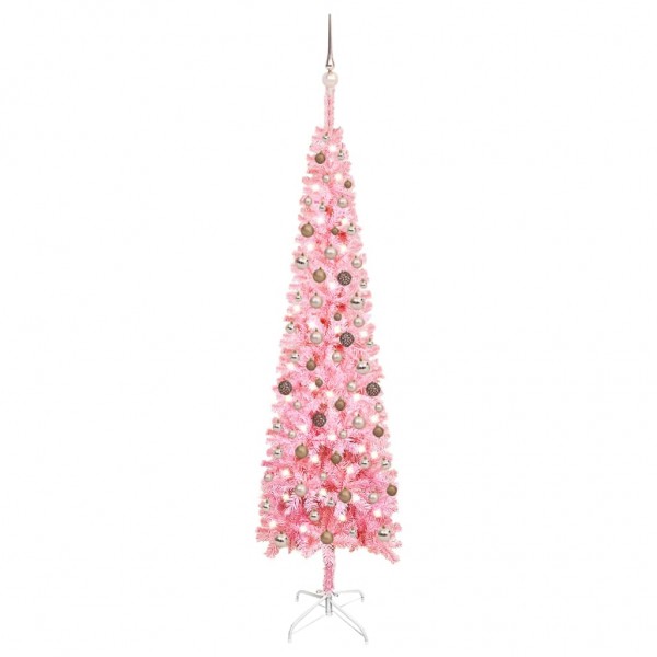 Set de árbol de Navidad estrecho con LED y bola rosa 240 cm D