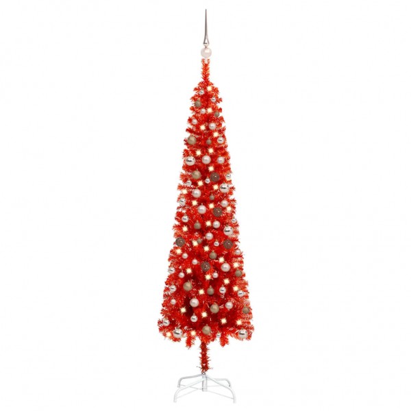 Set de árbol de Navidad estrecho con LED y bola rojo 210 cm D
