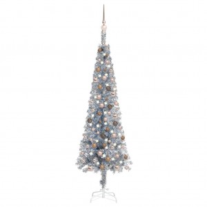 Set de árbol de Navidad estrecho con LED y bola plateado 180 cm