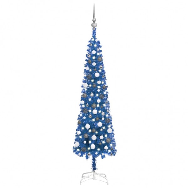 Set de árbol de Navidad estrecho con LED y bola azul 180 cm D