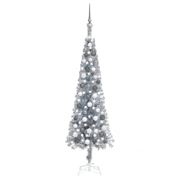 Set de árbol de Navidad estrecho con LED y bola plateado 120 cm D