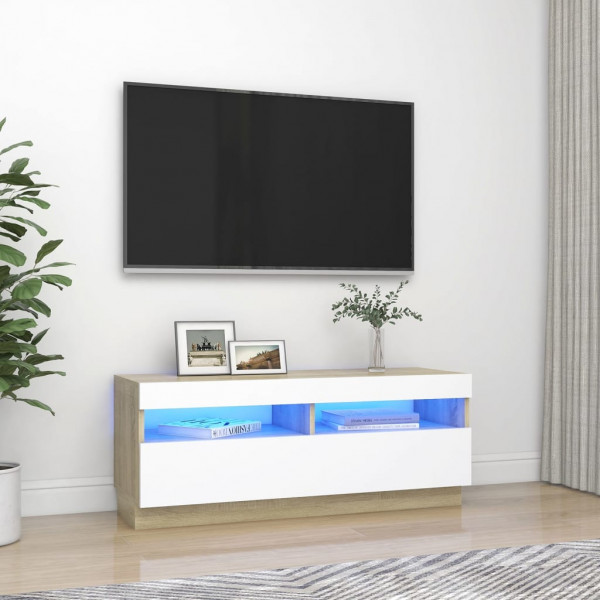 Mueble de TV con luces LED blanco y roble Sonoma 100x35x40 cm D