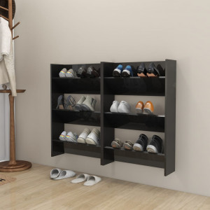 Zapateros de pared 2 uds contrachapada negro brillo 60x18x90 cm D
