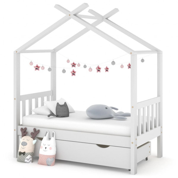 Estructura de cama niños y cajón madera maciza blanca 70x140 cm D