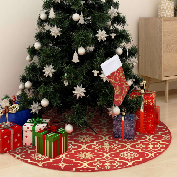 Falda del árbol de Navidad de lujo con calcetín tela roja 90 cm D