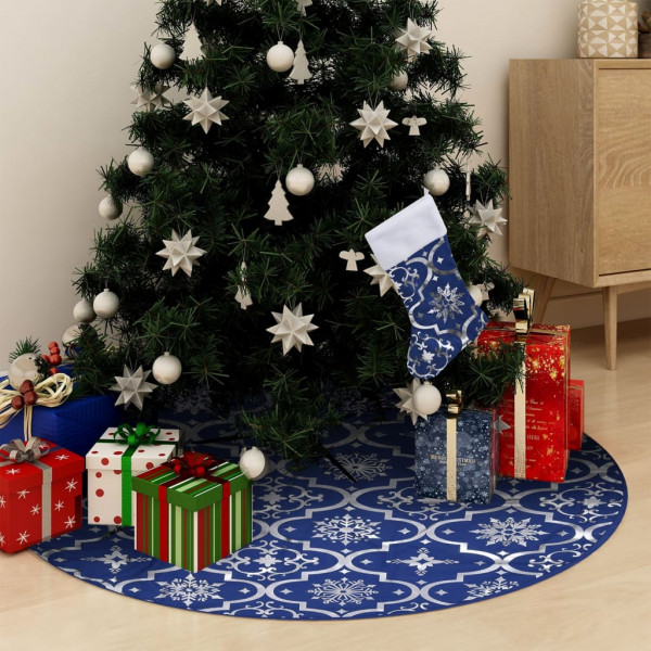Falda de árvore de Natal luxuosa com meias de tecido azul 150cm D