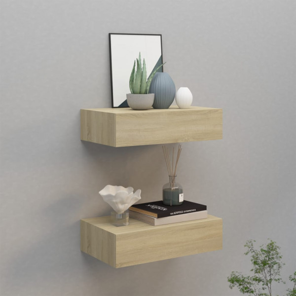 Estantes con cajón de pared 2 uds color roble MDF 40x23.5x10 cm Estantes con cajón de pared 2 uds color roble MDF 40x23.5x10 cm D