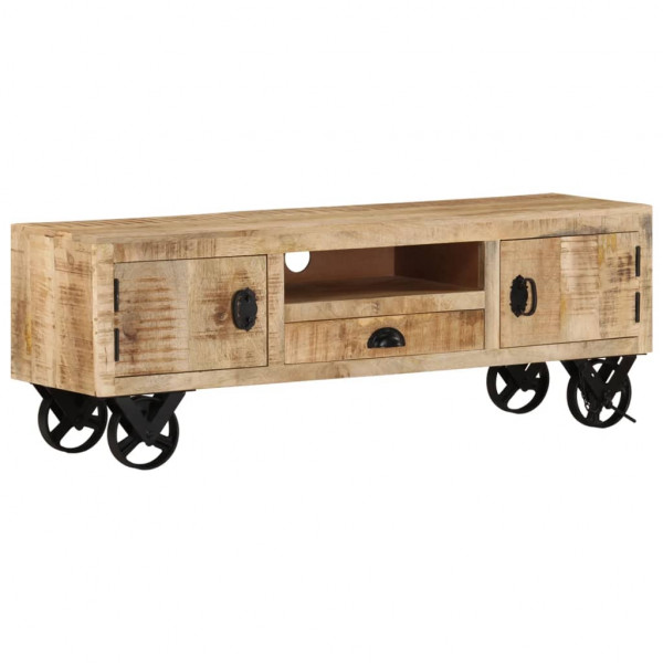 Mueble TV con ruedas madera maciza de mango rugosa 110x30x37 cm D