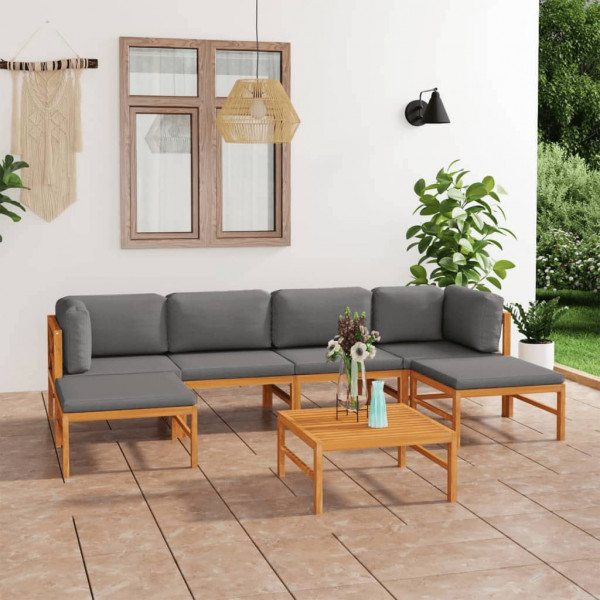 Set de mobília de jardim de madeira de teca e almofadas cinzentas D