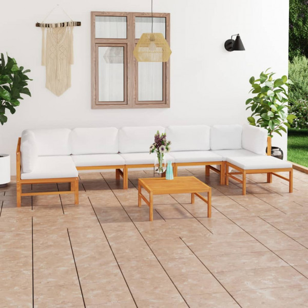 Conjunto de mobília de jardim de 8 peças madeira de teca e almofadas creme D