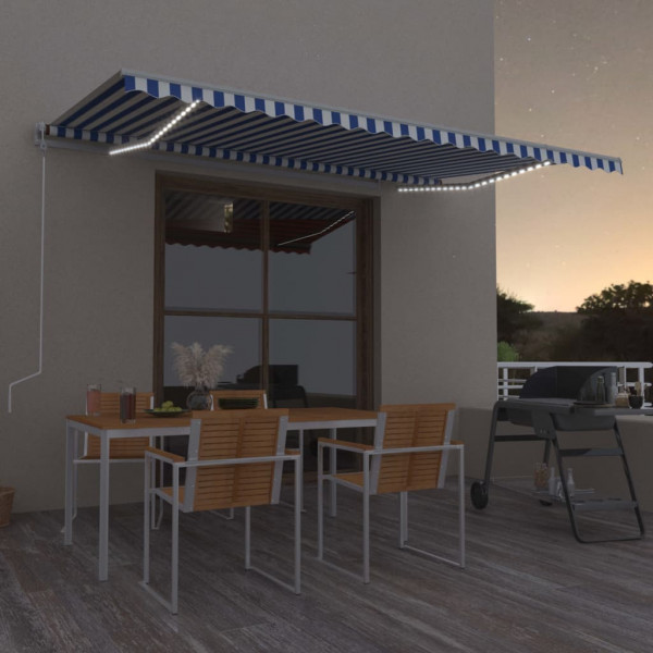 Toldo automático LED sensor de viento azul y blanco 500x350 cm D