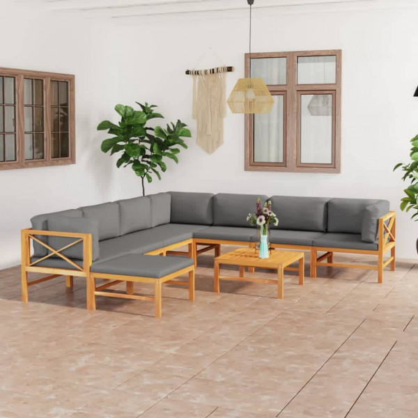 Set de muebles de jardín 9 pzas madera de teca y cojines gris D