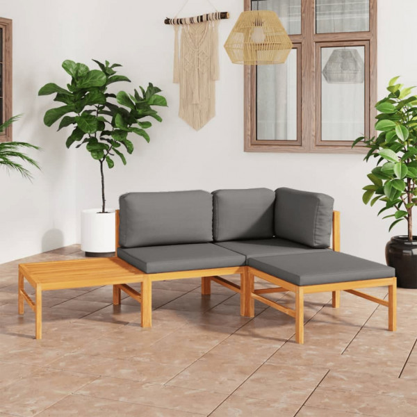 Conjunto de móveis de jardim 4 pcs madeira de teca e almofadas cinzentas D