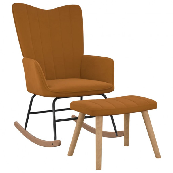 Cadeira de balanço em veludo marrom com apoio para pés D
