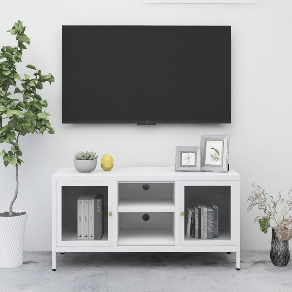 Móveis de televisão de aço e vidro branco 105x35x52 cm D
