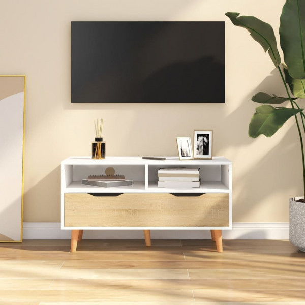 Mueble para TV aglomerado blanco y roble Sonoma 90x40x48.5 cm Mueble para TV aglomerado blanco y roble Sonoma 90x40x48.5 cm D