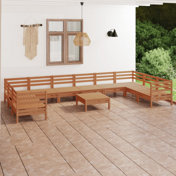 Juego muebles de jardín 11 pzas madera maciza pino marrón miel D