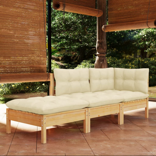 Muebles de jardín 3 piezas cojines madera maciza de pino crema D