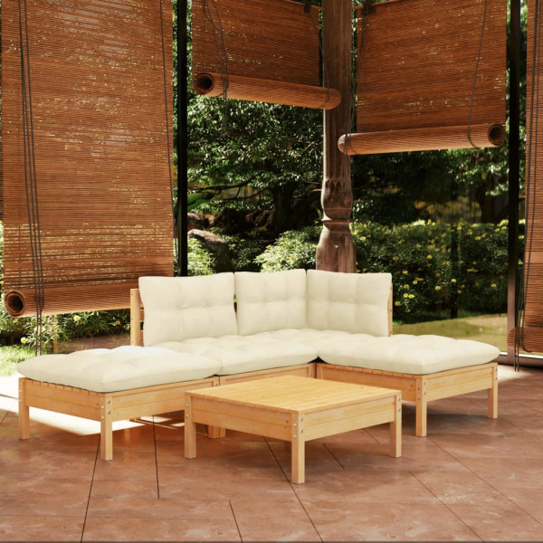 Mobiliário de jardim 5 peças almofadas madeira de pinho creme D