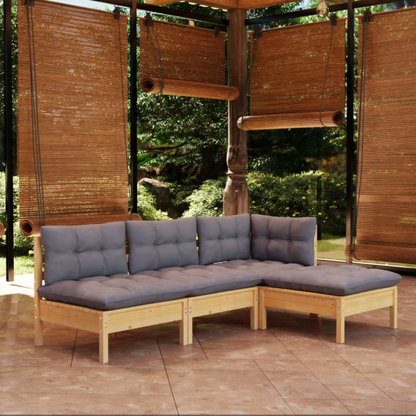 Conjunto de móveis de jardim de 4 peças com almofadas em madeira de pinho cinza D