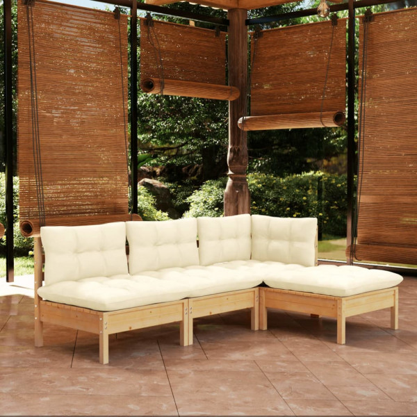Móveis de jardim 4 peças com almofadas em madeira de pinho creme D