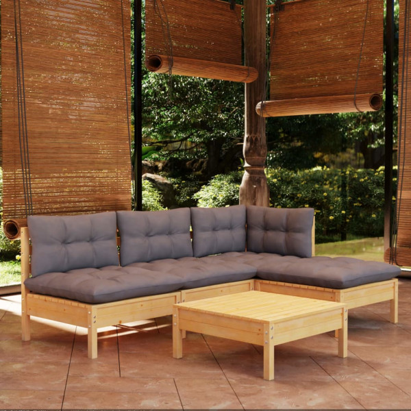 Conjunto de mobiliário de jardim de 5 peças e almofadas em madeira de pinho cinza D