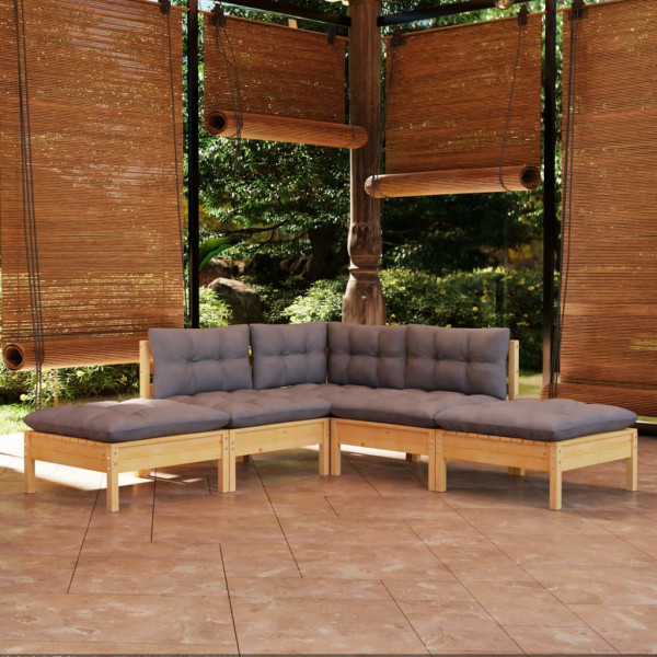 Conjunto de móveis de jardim 5 peças e almofadas madeira de pinho cinza D
