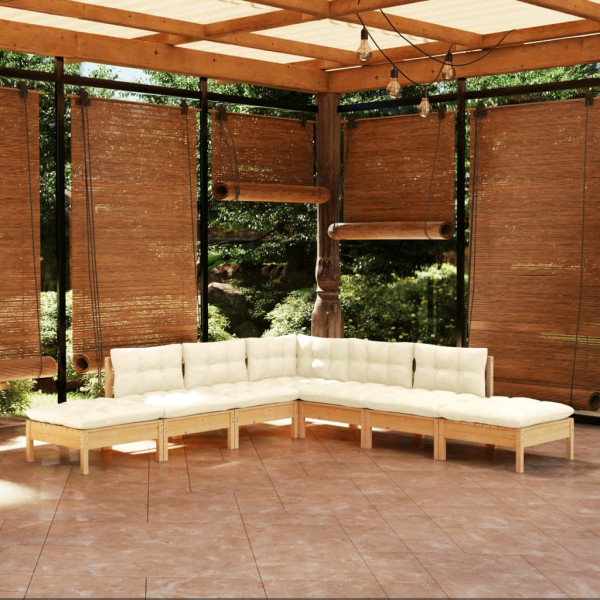 Muebles de jardín 7 piezas cojines madera de pino color crema D