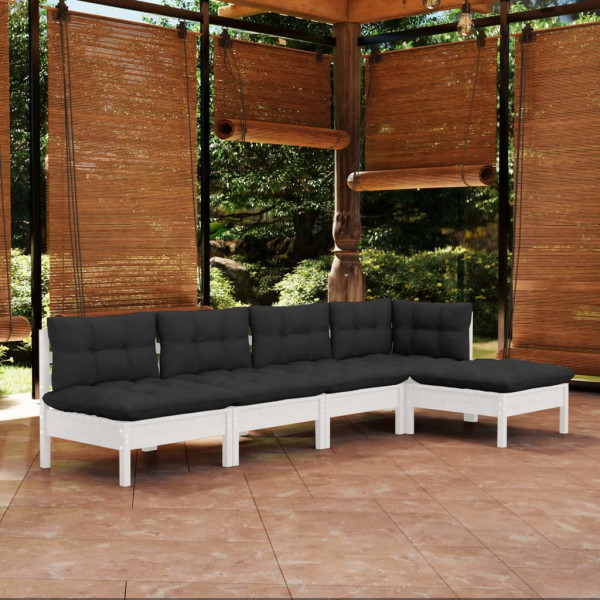 Móveis de jardim 5 PCs com almofadas de madeira de pinheiro branco D