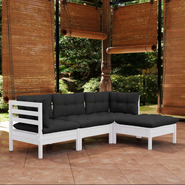 Mobiliário de jardim 4 pessoas com almofadas branco madeira de pinho D