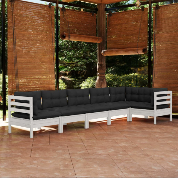 Mobiliário de jardim 6 pessoas com almofadas branco madeira de pinho D