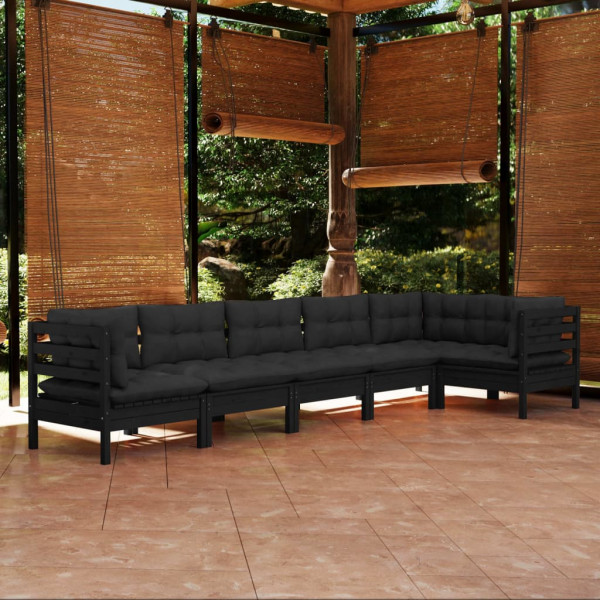 Mobiliário de jardim 6 pessoas com almofadas preto madeira de pinho D