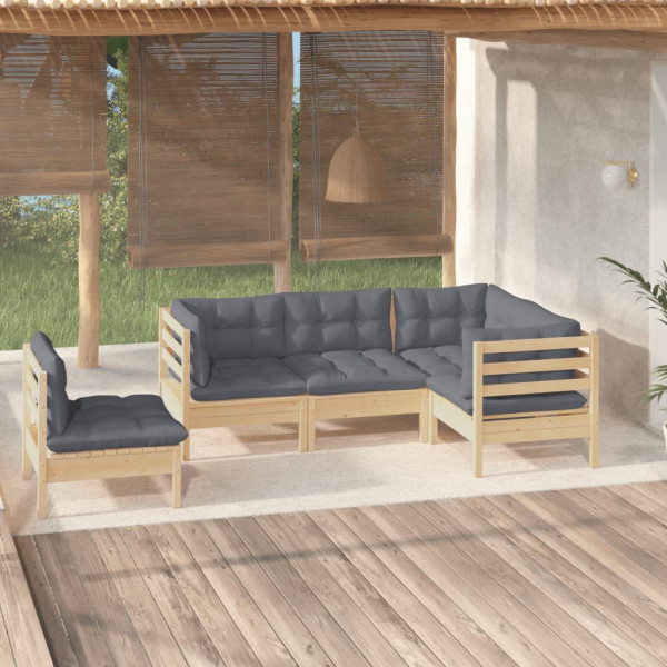 Conjunto de móveis de jardim de 5 peças com almofadas em madeira de pinho D