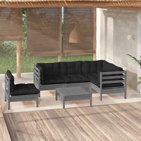 Juego de muebles de jardín 6 pzas y cojines madera pino gris Juego de muebles de jardín 6 pzas y cojines madera pino gris D